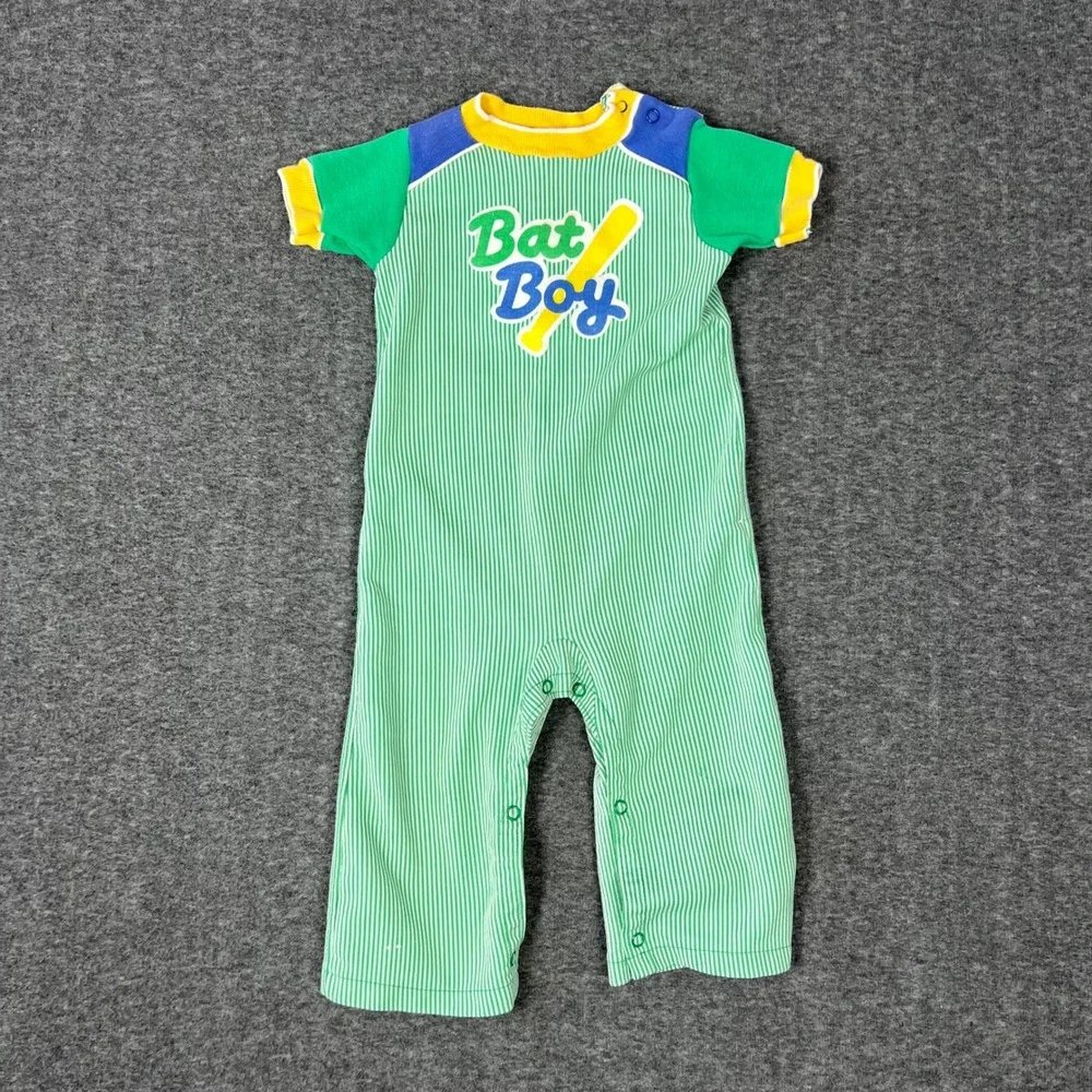 Vintage Carters Bat Boy Baseball Romper Kids 24M Green Striped Jumpsuit Made USA